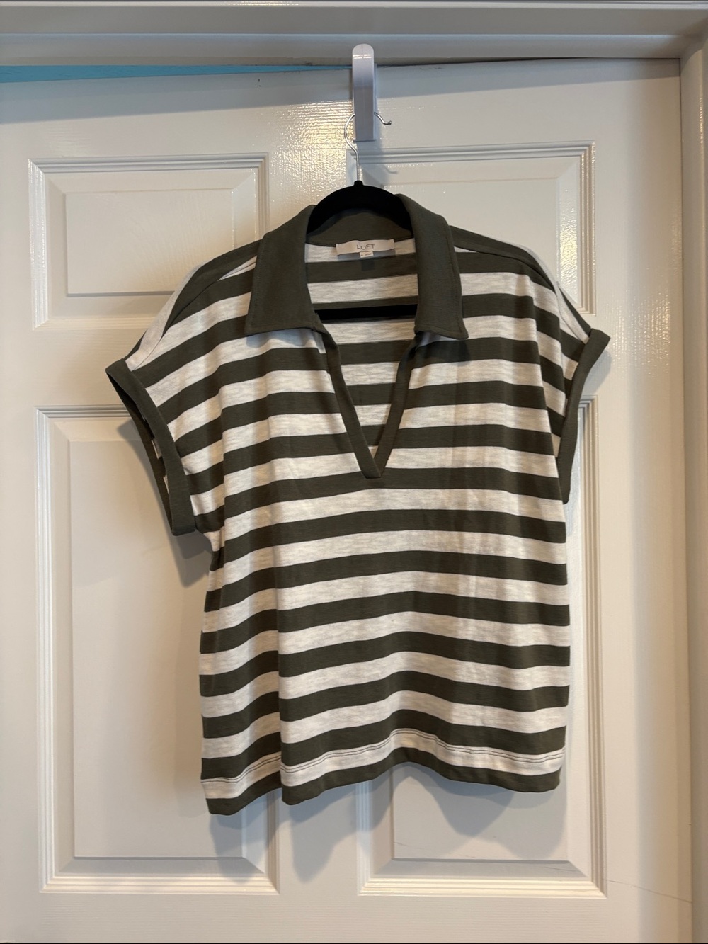 Loft Striped Short Sleeve Polo Top in Olive and Cream